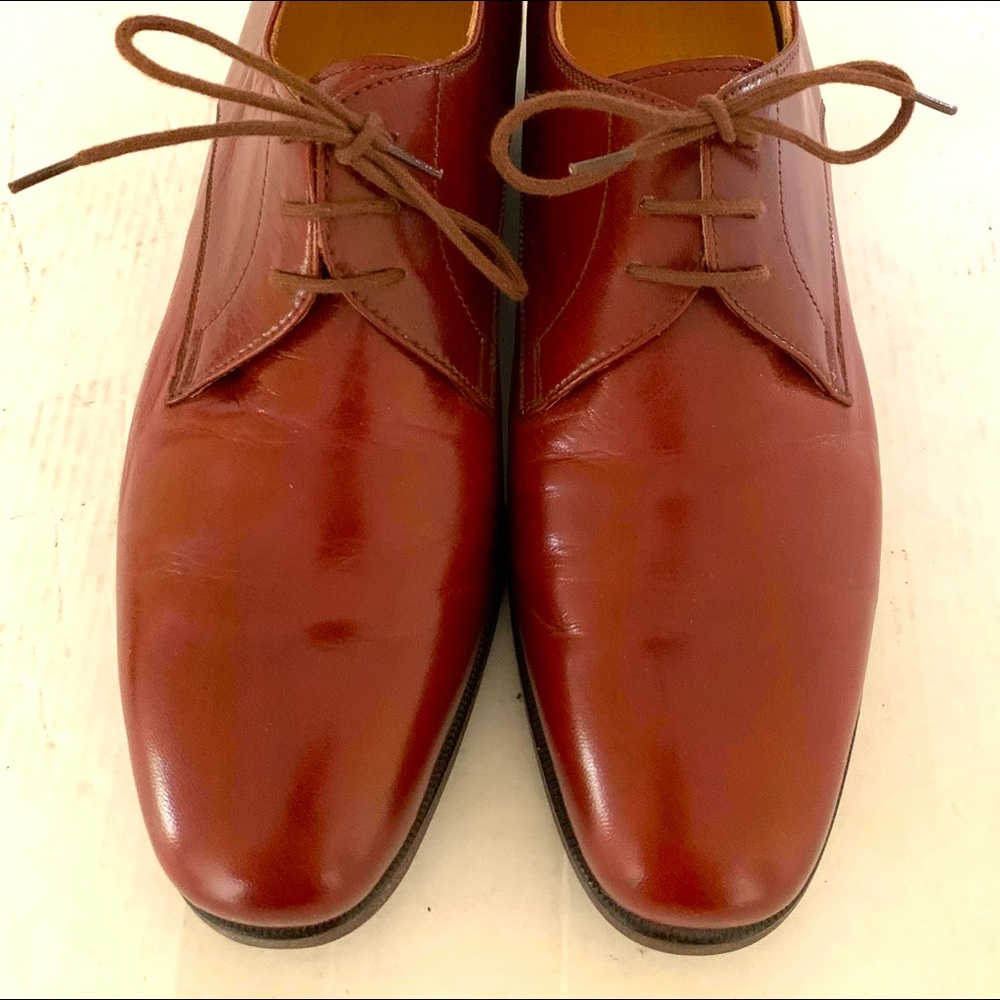 Shiny redish brown Italian real leather flat shoes moccasins style lace-up Eur40